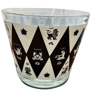 60s Jeanette Glass Harlequin Zodiac Astrology Highball Ice Bucket SeeDescription
